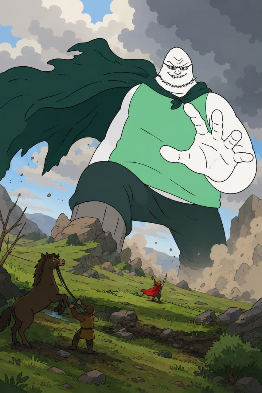 Pumpius Colossus towering over a valley as travelers watch below