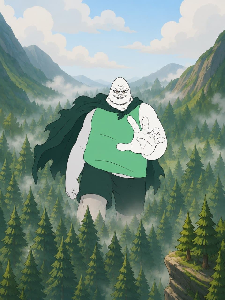 Pumpius Colossus striding through a misty pine forest