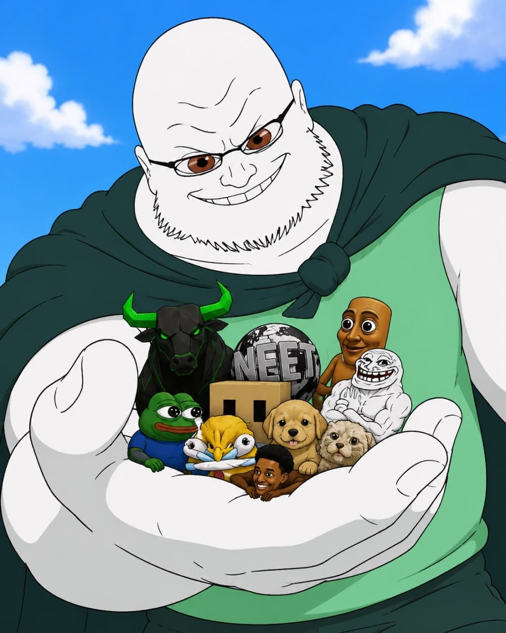 Pumpius Colossus holding a collection of meme mascots in his hands