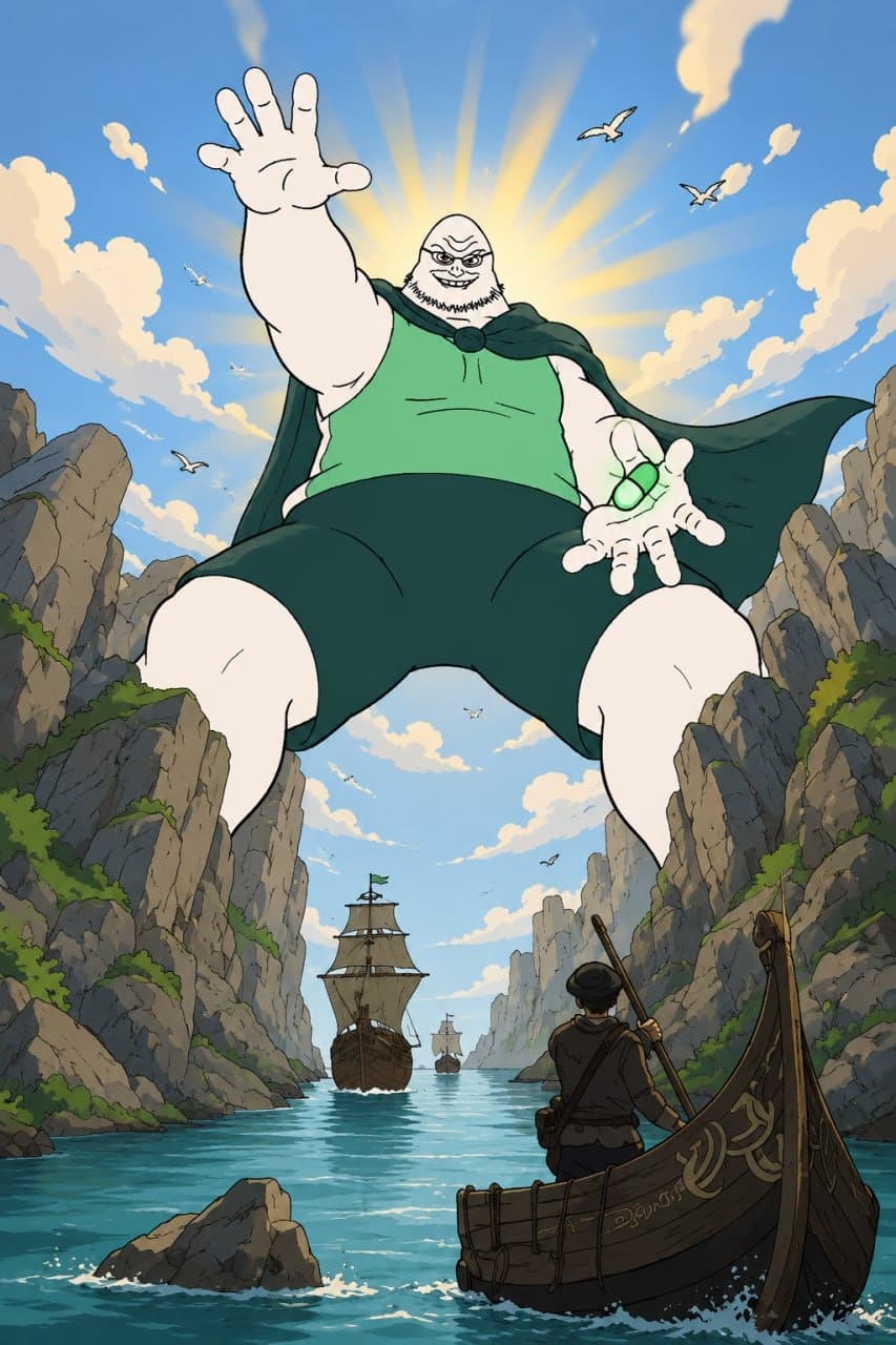 Pumpius Colossus towering over ships in a narrow sea passage