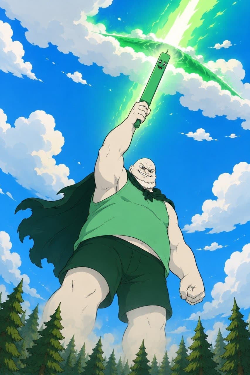 Pumpius Colossus raising a glowing green baton beneath a bright sky