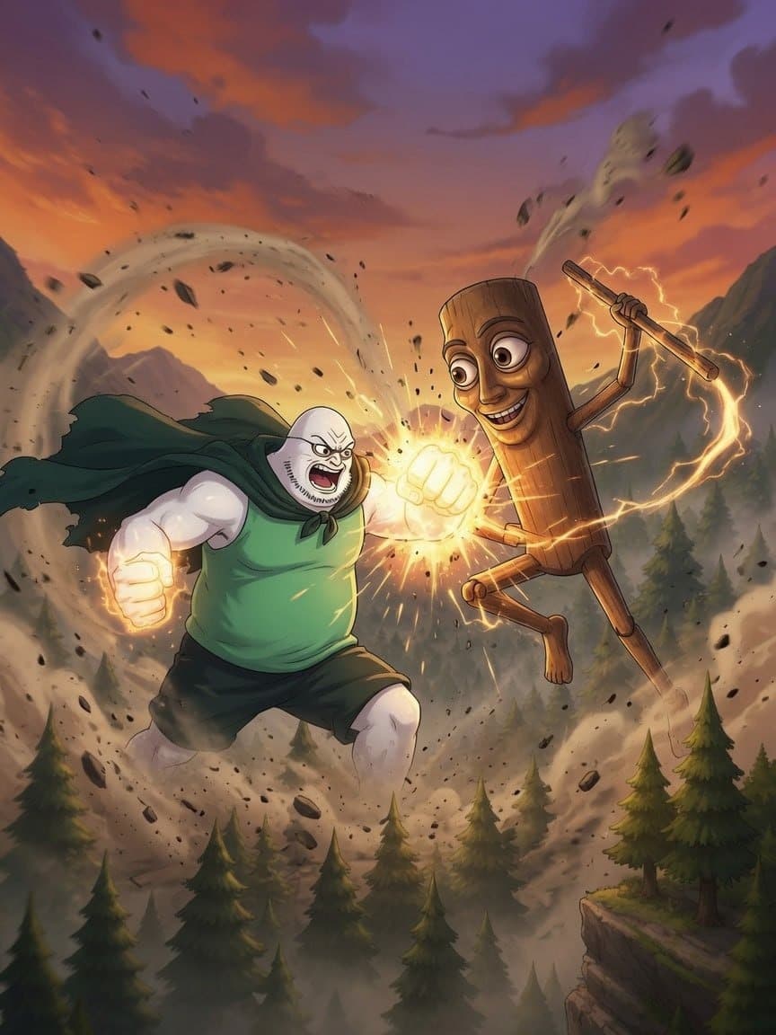 Pumpius Colossus battling a wooden opponent in a mountain clearing