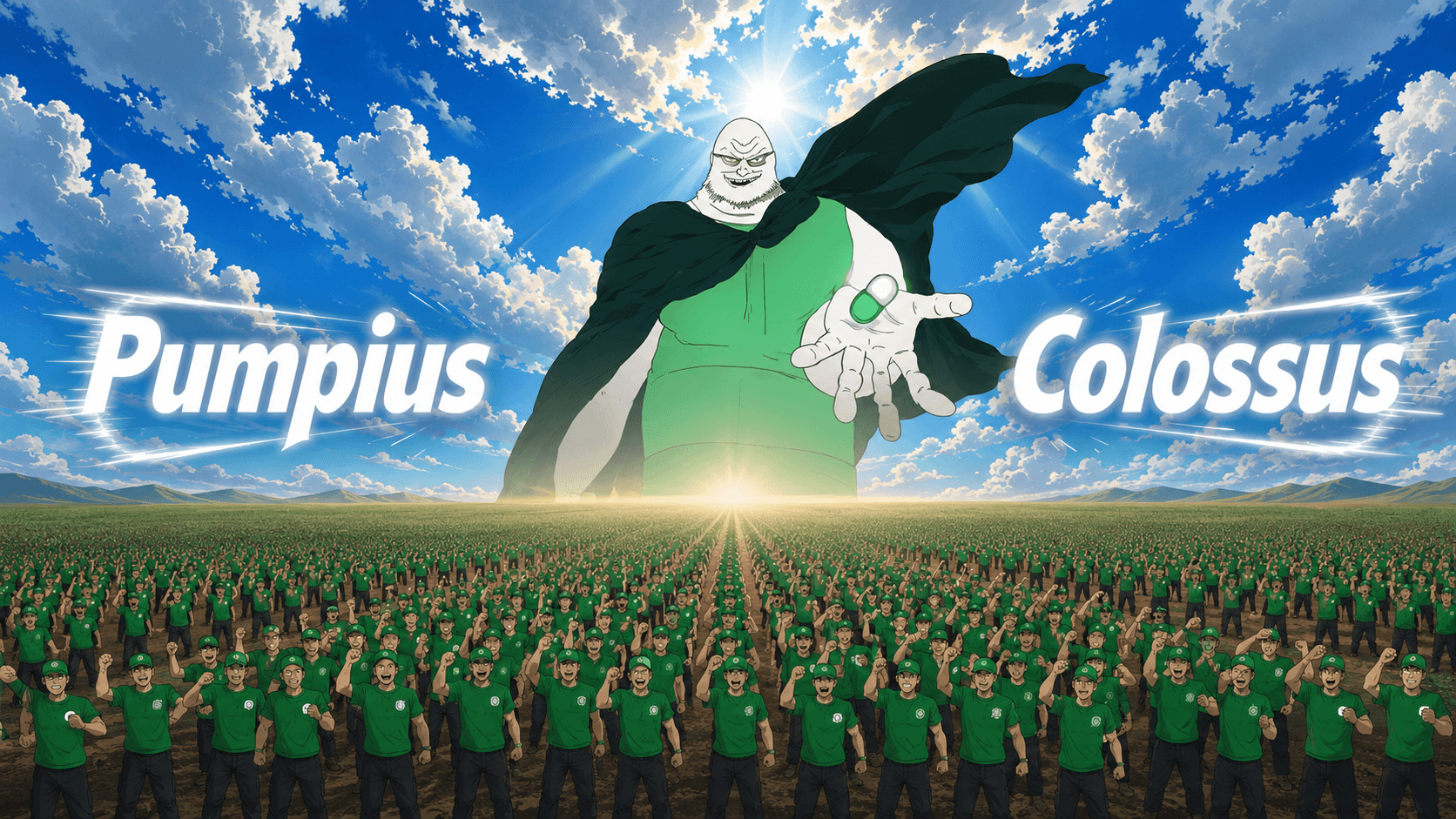 Pumpius Colossus, the green-cloaked giant, rising over a saluting crowd between the words Pumpius and Colossus